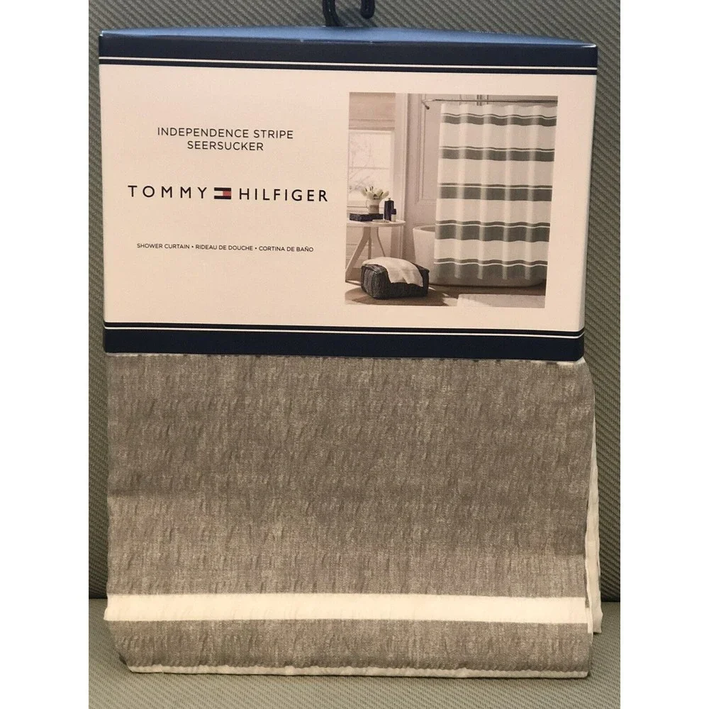 Tommy Hilfiger White Gray Independence Stripe Sheersucker Fabric Shower Curtain